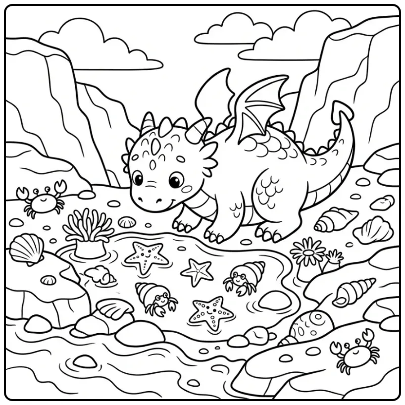 Schattige kleurplaat draak op het strand met krabben.