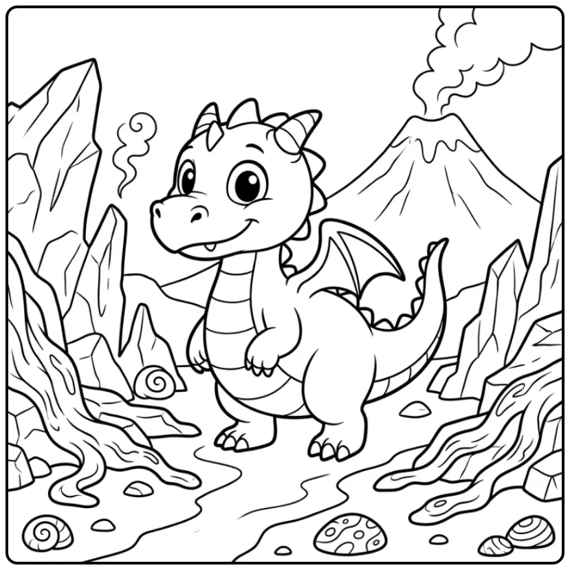Schattige kleurplaat draak in een vulkanisch landschap.