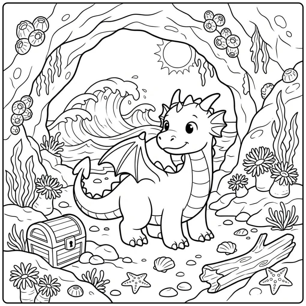 Een leuke kleurplaat draak ontdekt een grot aan de kust.