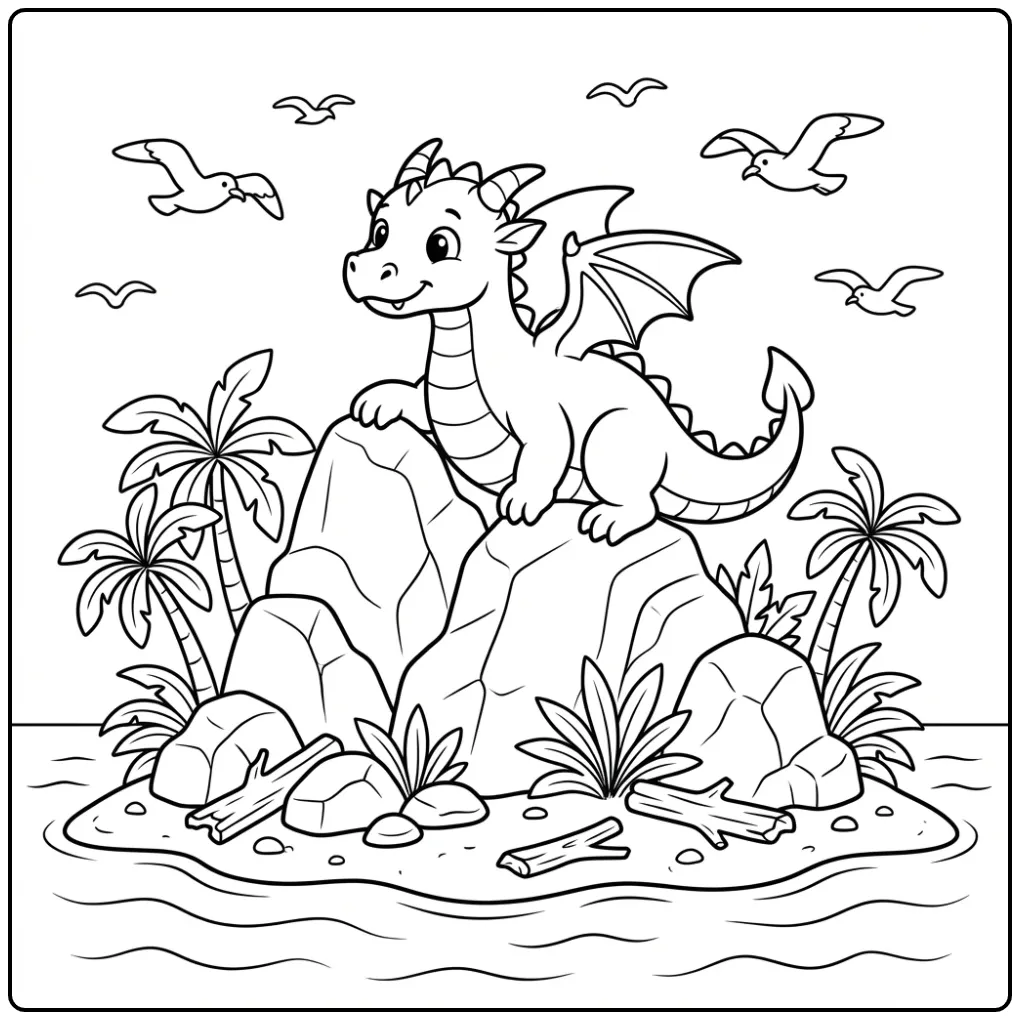 Leuke kleurplaat draak ontdekt een rotsachtig eiland.