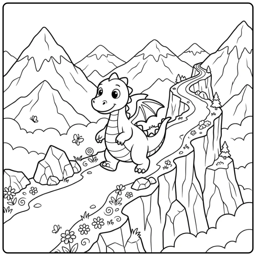 Een leuke kleurplaat draak op een bergpad met sneeuwtoppen.