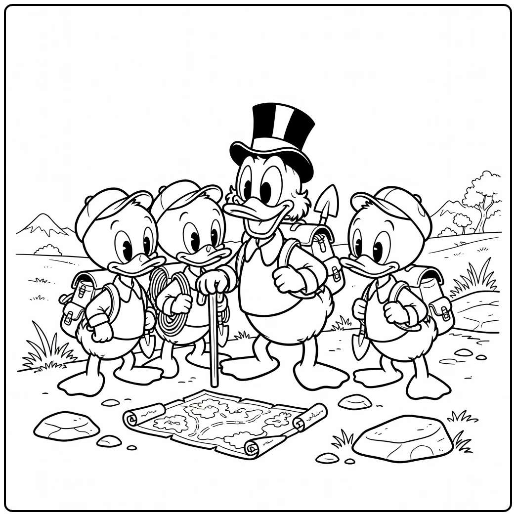 kleurplaat ducktales: avontuur met Oom Dagobert en neefjes