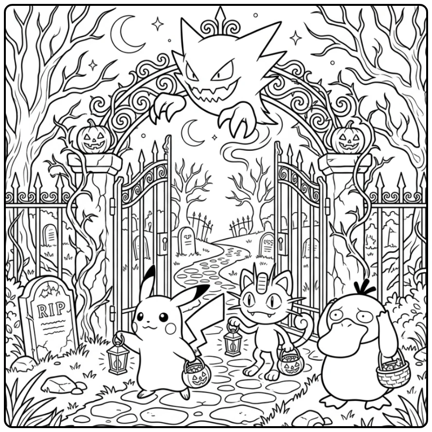 Spookachtige kleurplaat halloween pokemon: Haunter bij grafpoort.