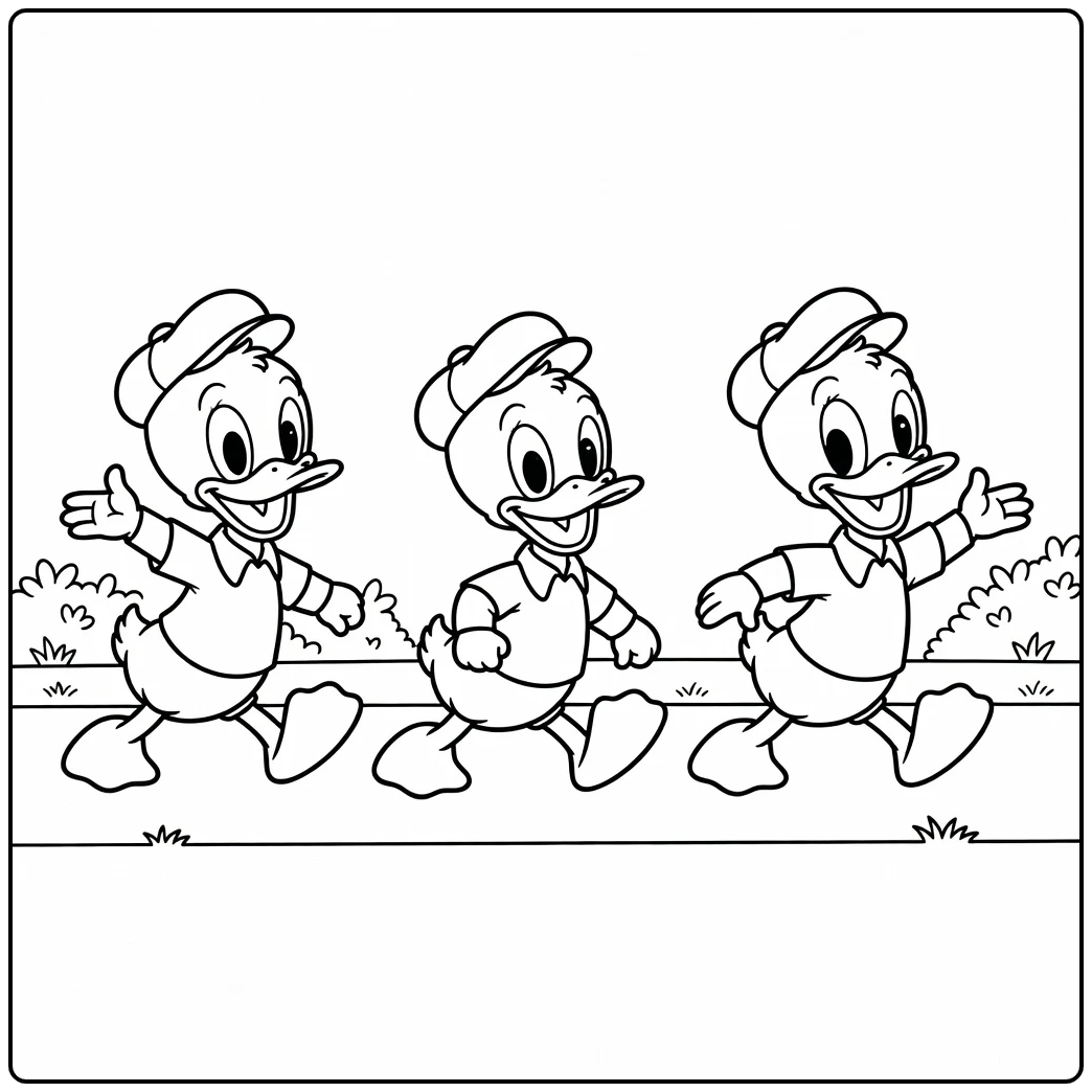 Leuke kleurplaat kwik kwek en kwak marcheren vrolijk samen