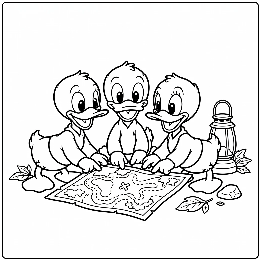 Kwik Kwek en Kwak kleurplaat met schatkaart: nieuwsgierig en spannend.