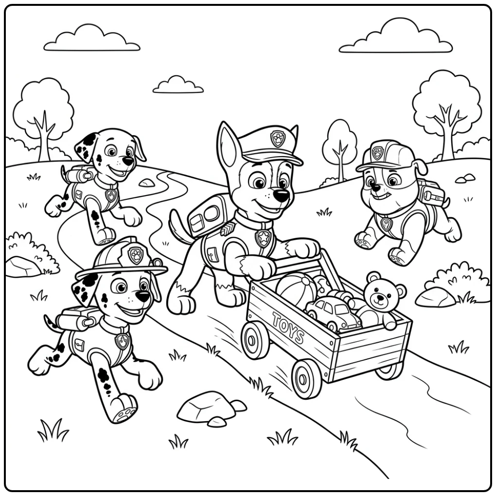 Heldhaftige kleurplaat paw patrol chase redt speelgoedwagen op heuvel.