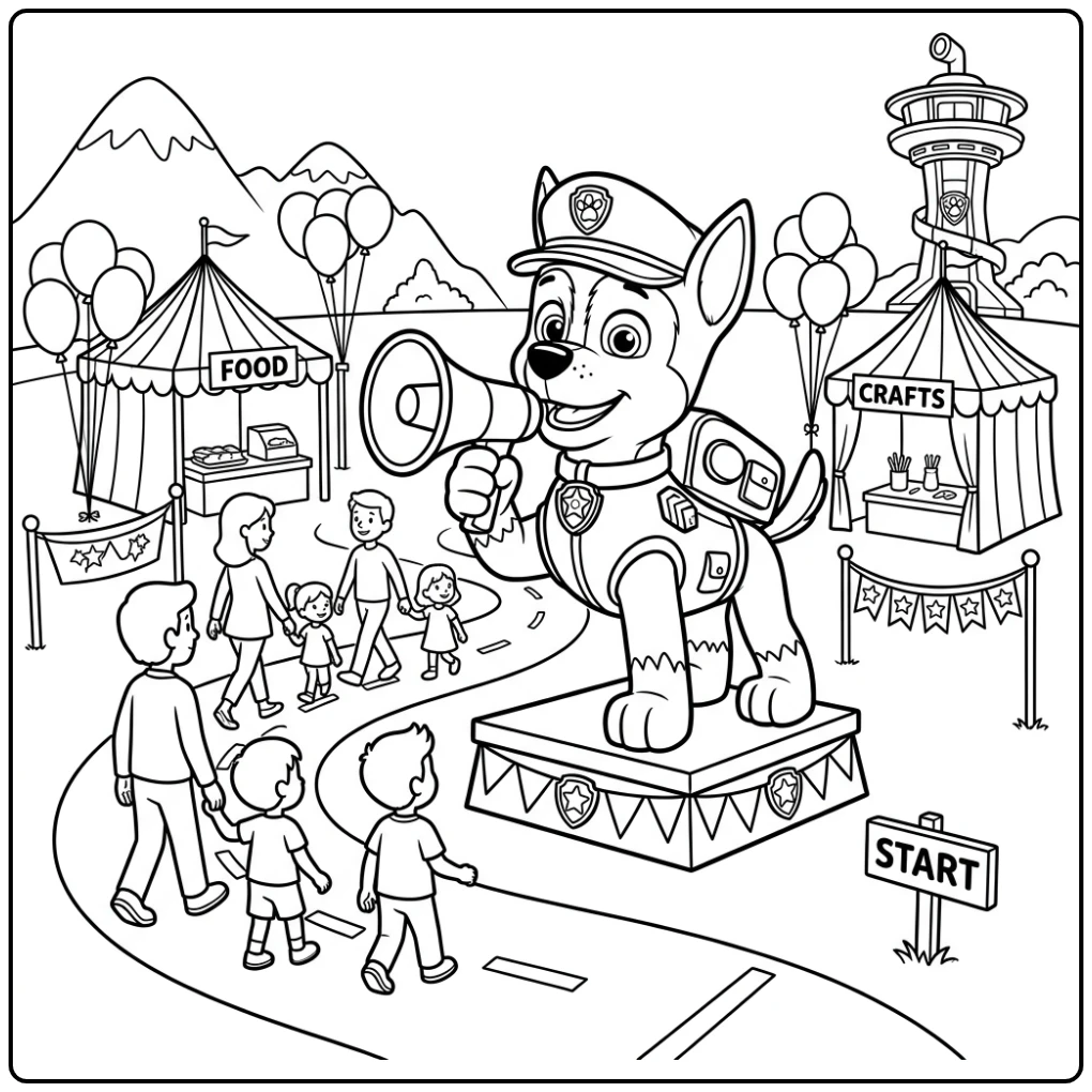 kleurplaat paw patrol chase: Chase met megafoon op gemeenschapsevenement.