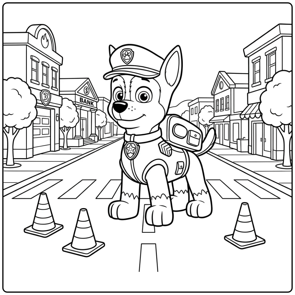 Kleurplaat Paw Patrol Chase: Chase helpt Ryder verkeer te regelen.