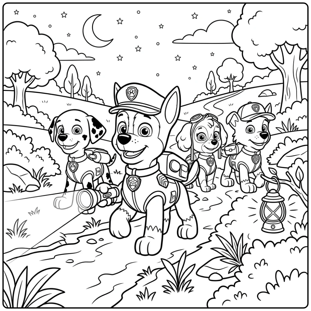 kleurplaat paw patrol chase leidt nachtelijke redding met zijn team