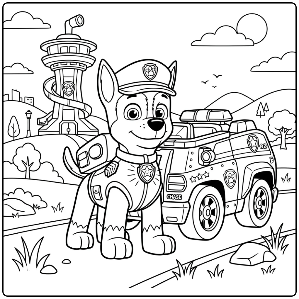 Stoere kleurplaat paw patrol chase met zijn glimmende politiewagen.