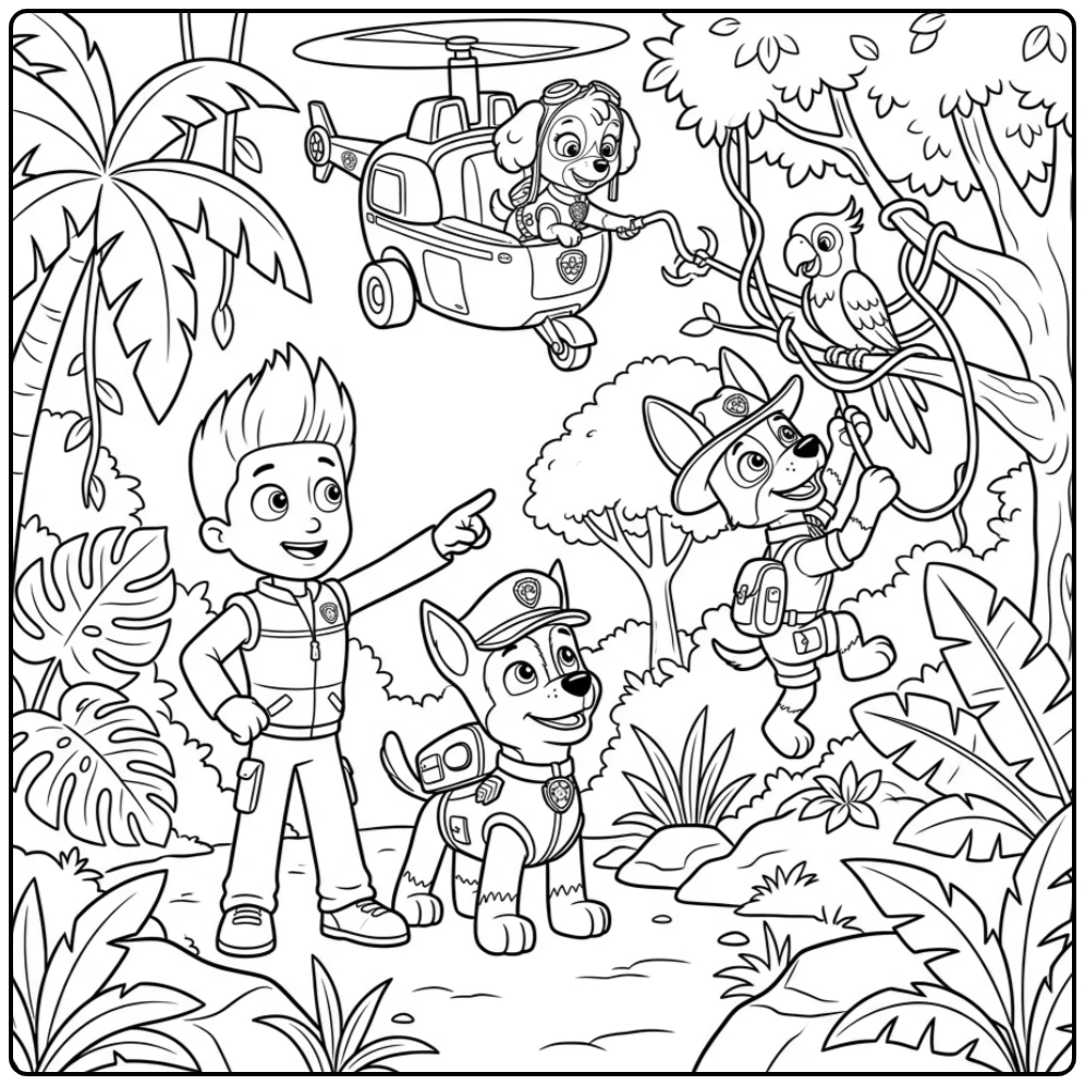 kleurplaat paw patrol chase: jungle redding met Ryder en team