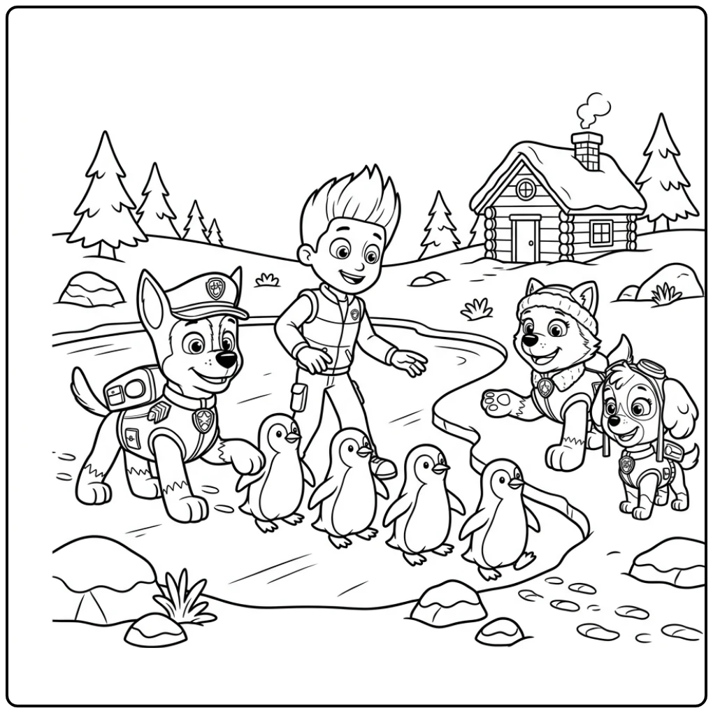 Kleurplaat paw patrol chase: Chase en Ryder helpen pinguïns over vijver