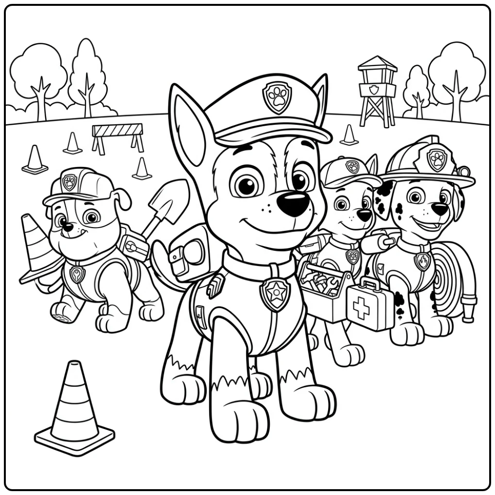 kleurplaat paw patrol chase: Chase leidt reddingstrainingsteam