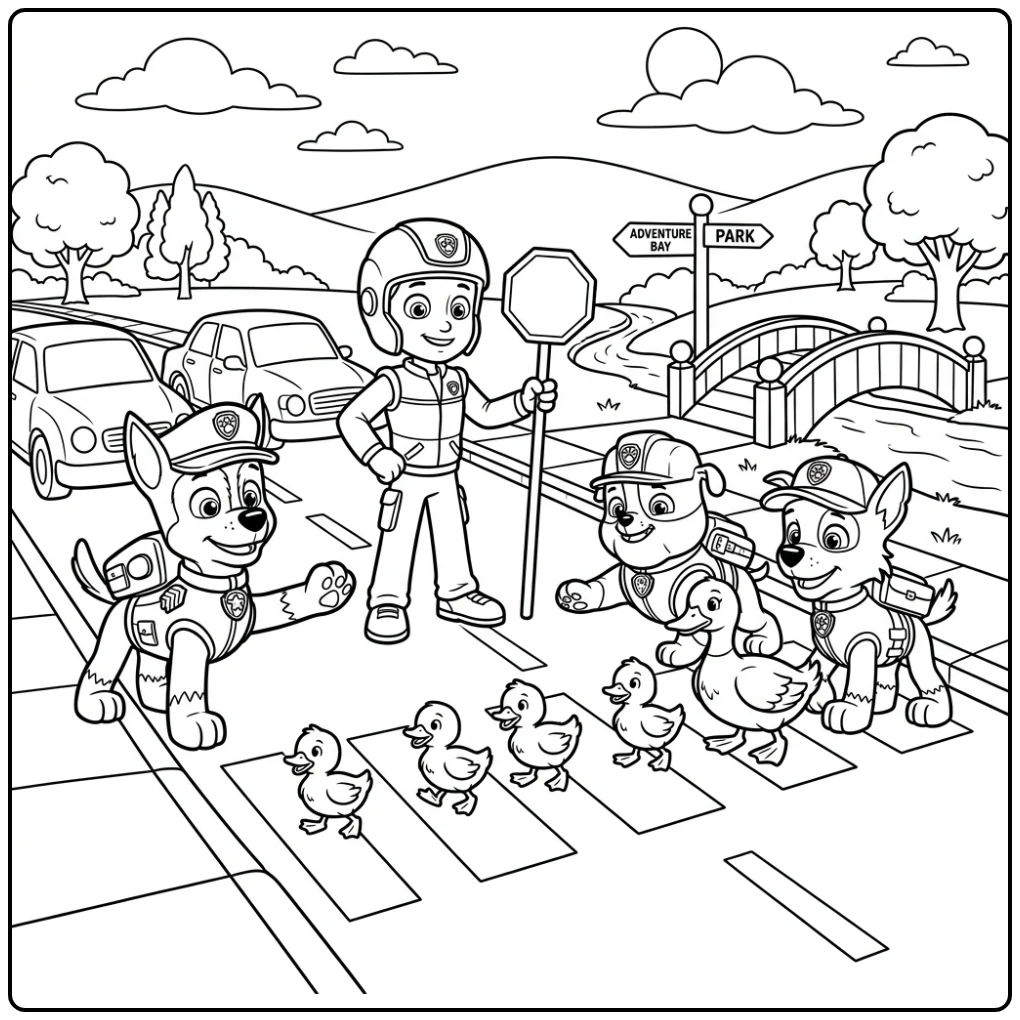 Kleurplaat paw patrol chase: Chase regelt verkeer voor eendjes met Ryder.
