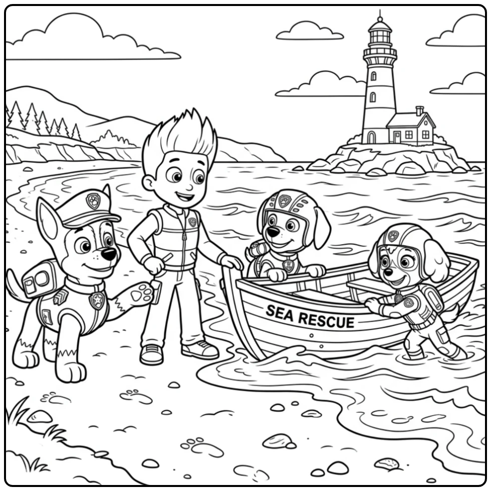 Kleurplaat paw patrol chase: Chase en Ryder coördineren strandredding.