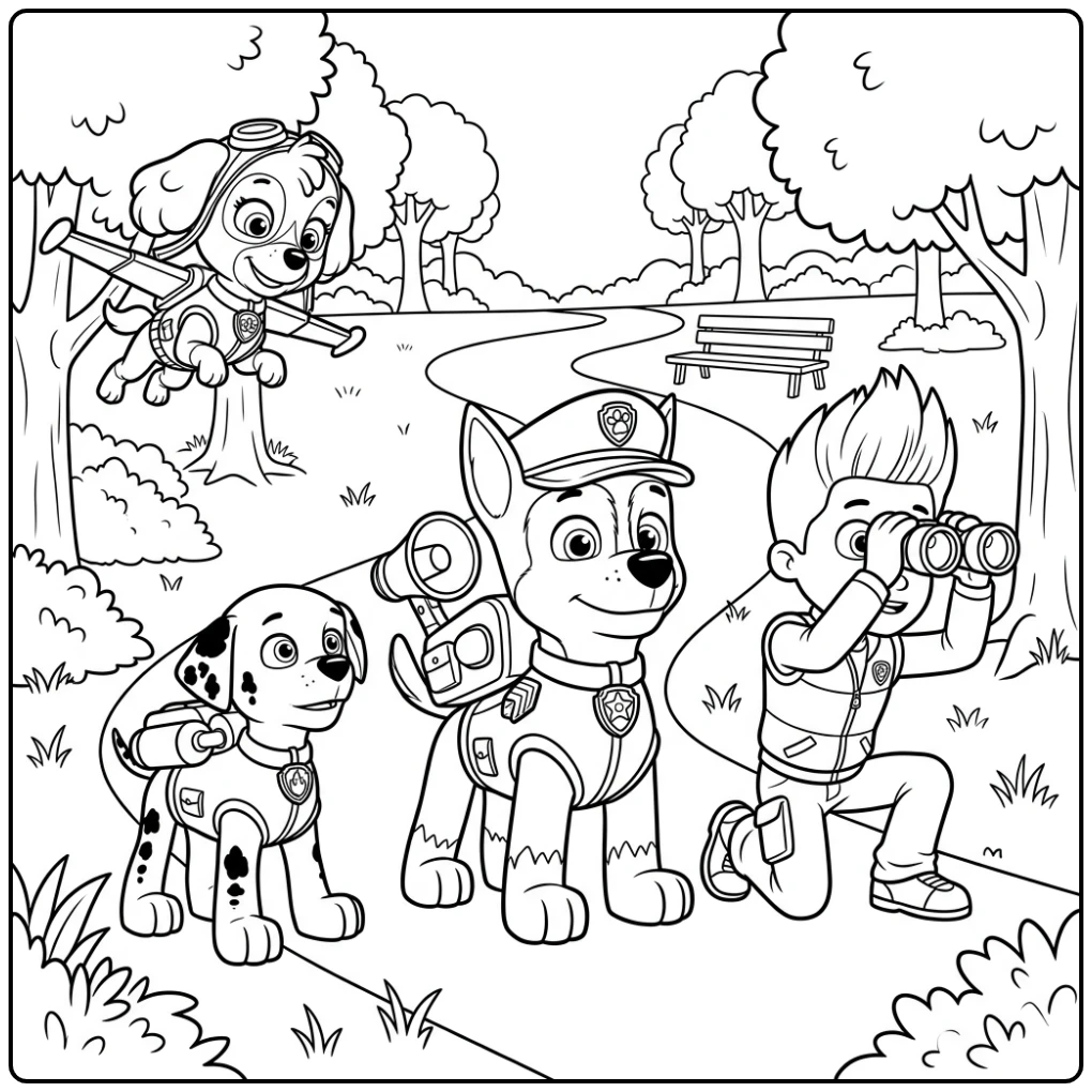 Kleurplaat Paw Patrol Chase met Ryder, Skye en Marshall in het park