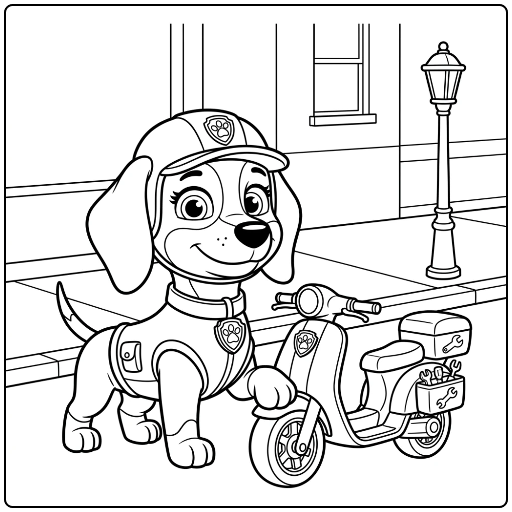 Kleurplaat Paw Patrol Liberty: Liberty met scooter, klaar voor actie.