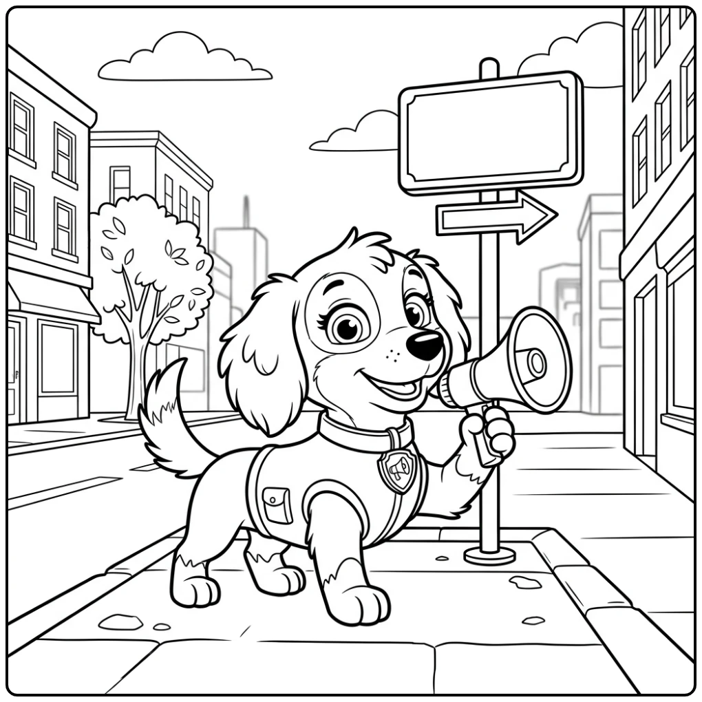 kleurplaat paw patrol liberty: Liberty met megafoon op stoep, stad