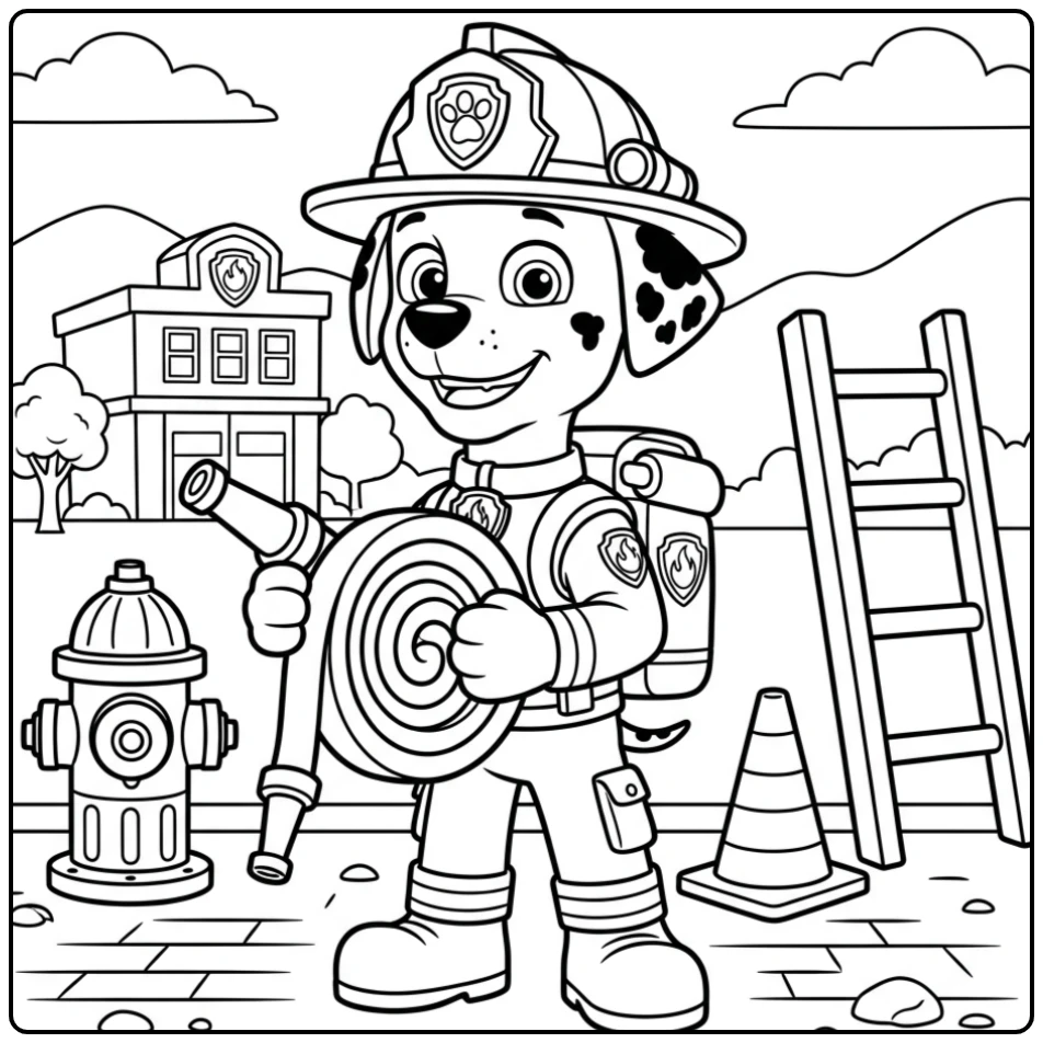 Marshall klaar voor actie: kleurplaat paw patrol marshall met brandslang.