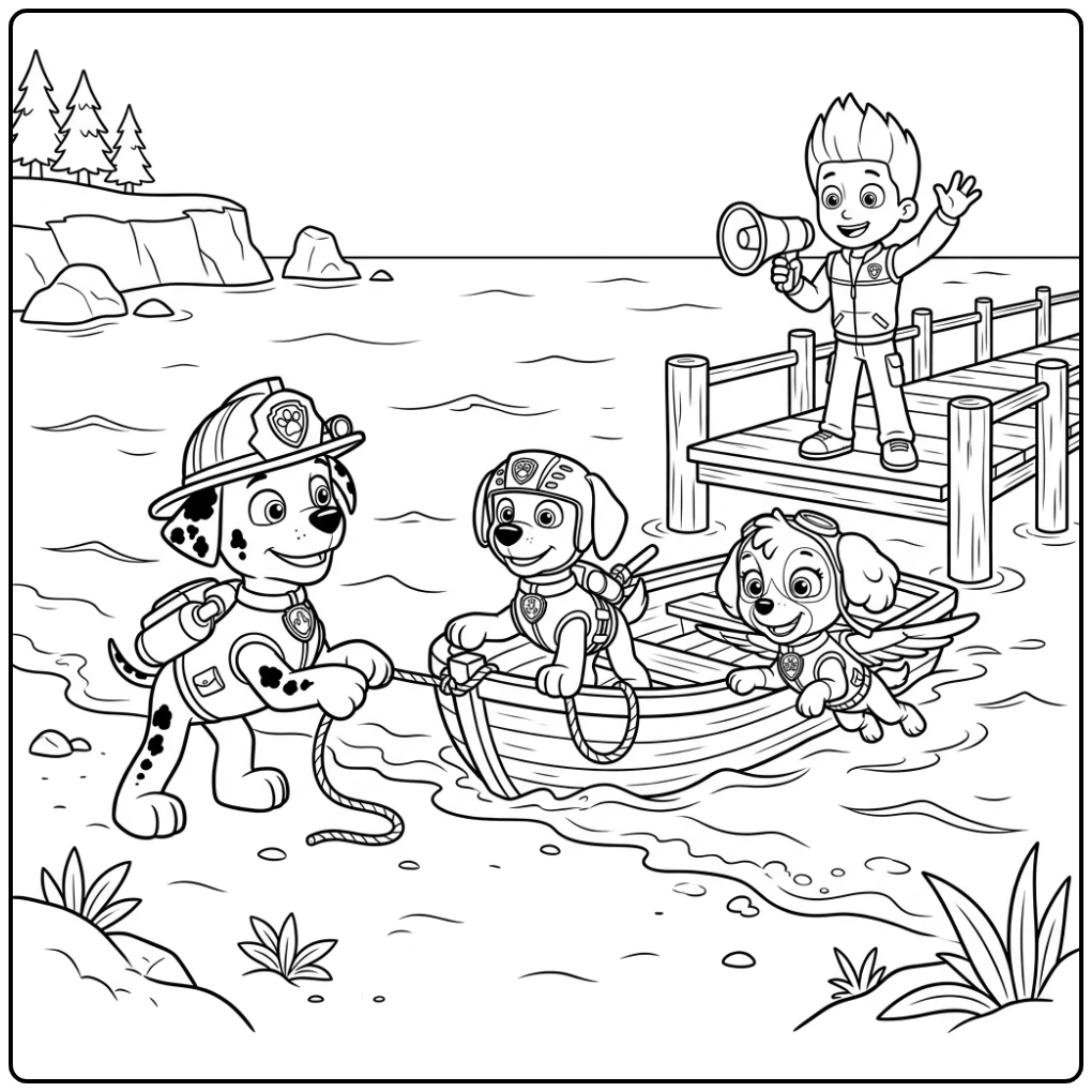 Marshall trekt boot aan wal met Zuma en Skye, kleurplaat paw patrol marshall.