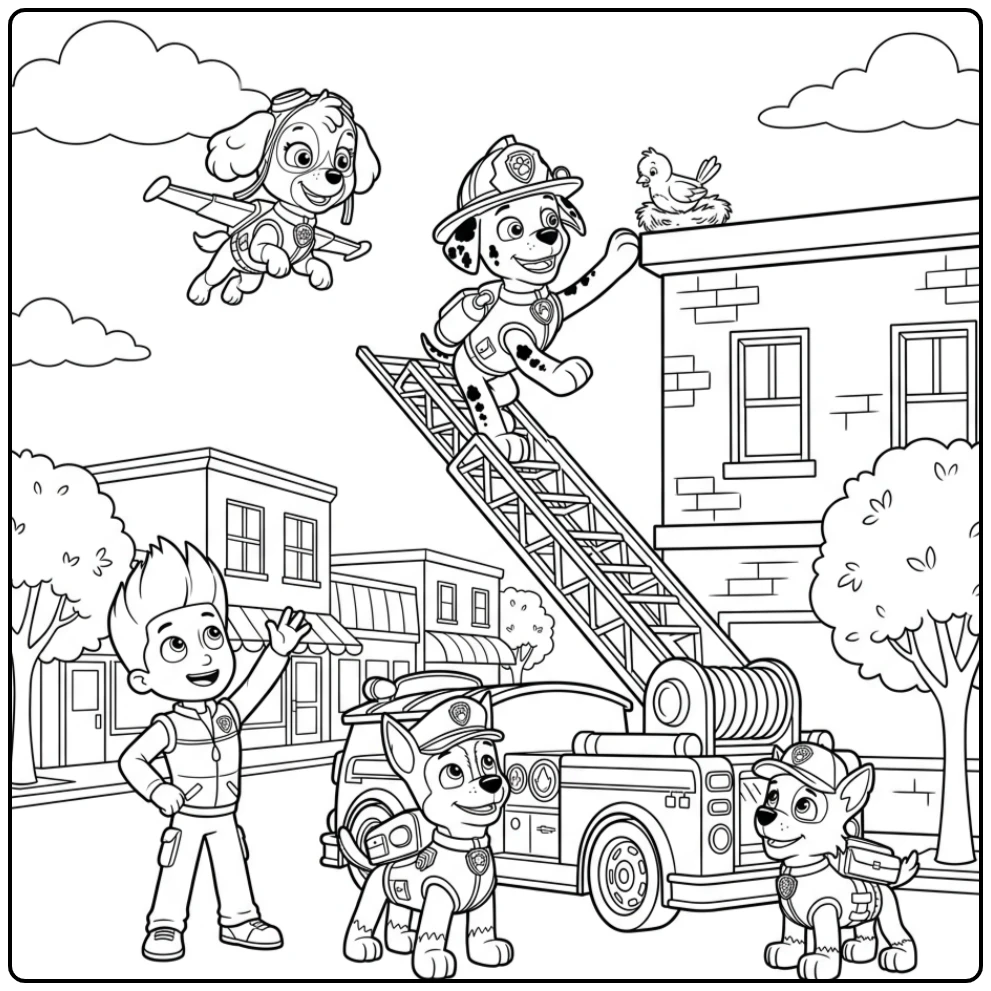 Marshall redt een vogel van het dak, kleurplaat paw patrol marshall.