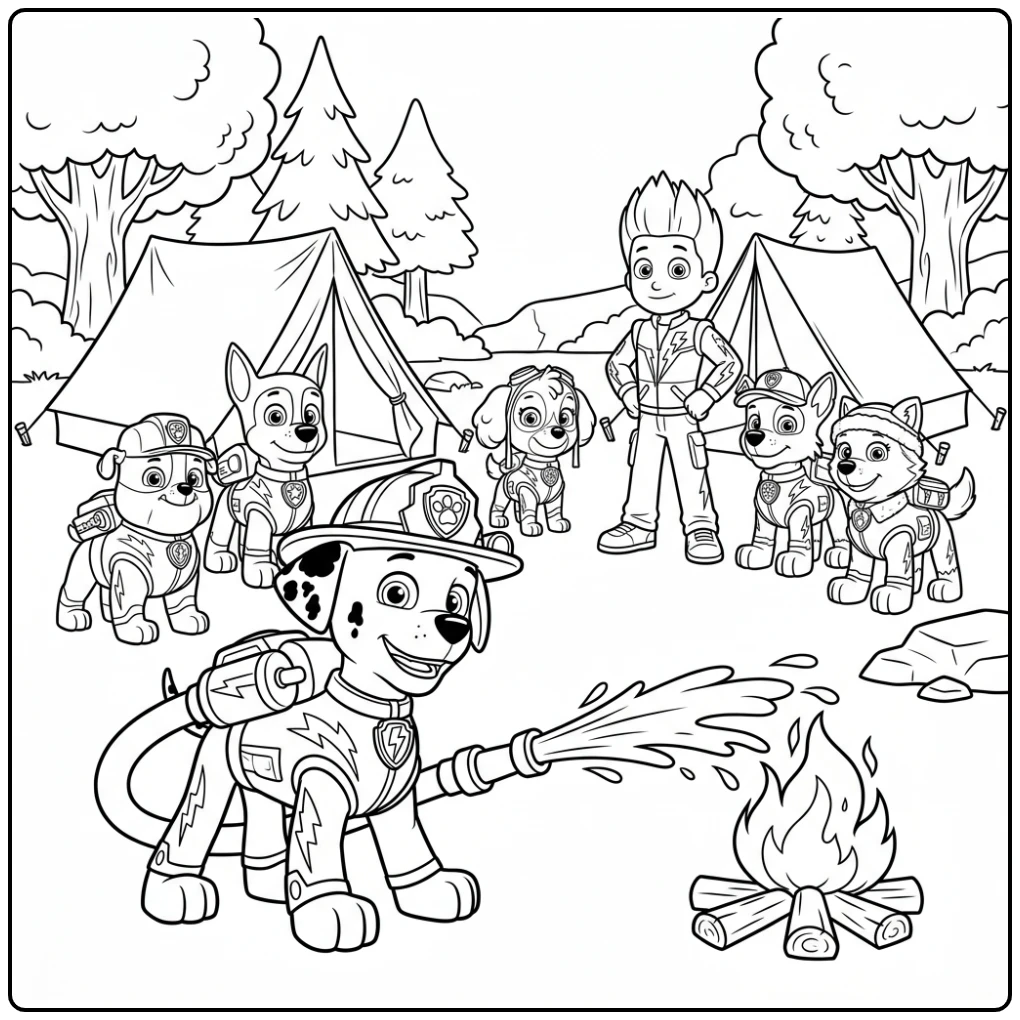Marshall blust kampvuur met Mega Pups kracht, kleurplaat paw patrol mega pups