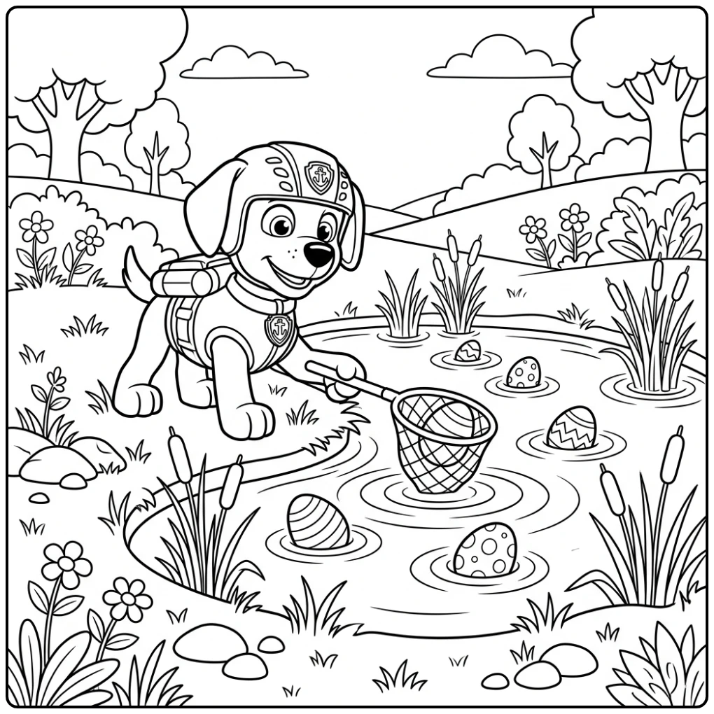 Zuma vangt paaseieren in vijver - kleurplaat paw patrol pasen.