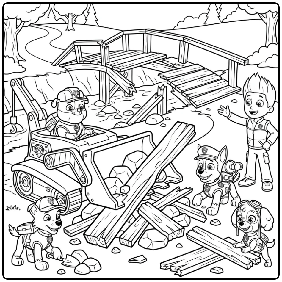 kleurplaat paw patrol rubble: Rubble redt de brug met zijn bulldozer