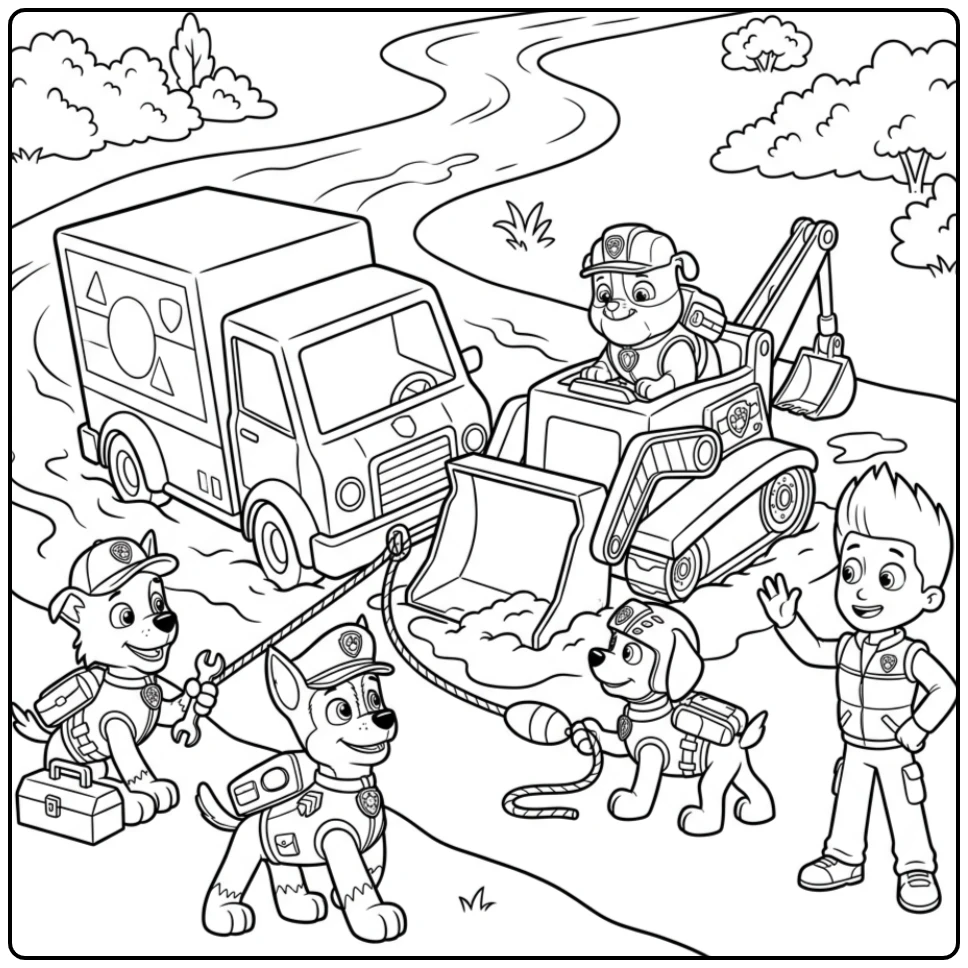kleurplaat paw patrol rubble: Rubble redt een truck uit modder met zijn bulldozer.