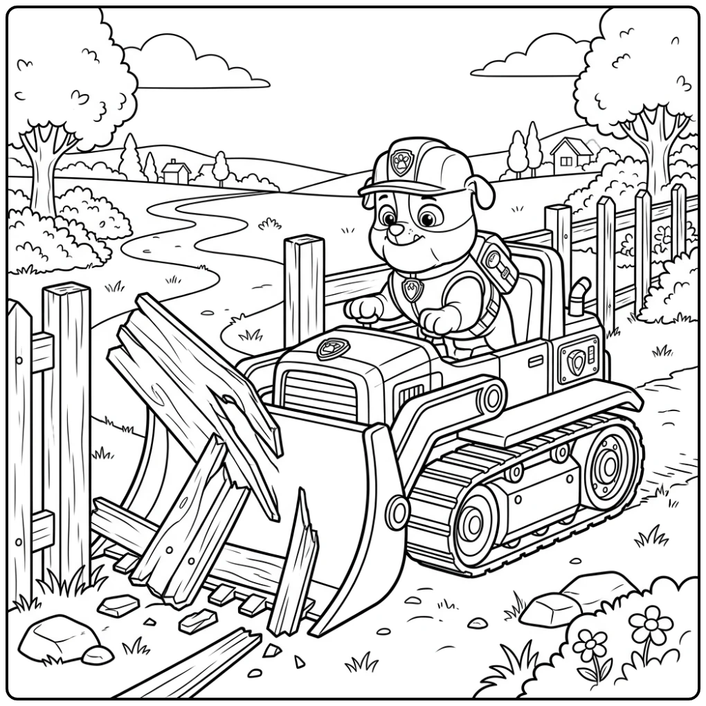 Rubble repareert een hek met bulldozerblad; kleurplaat paw patrol rubble