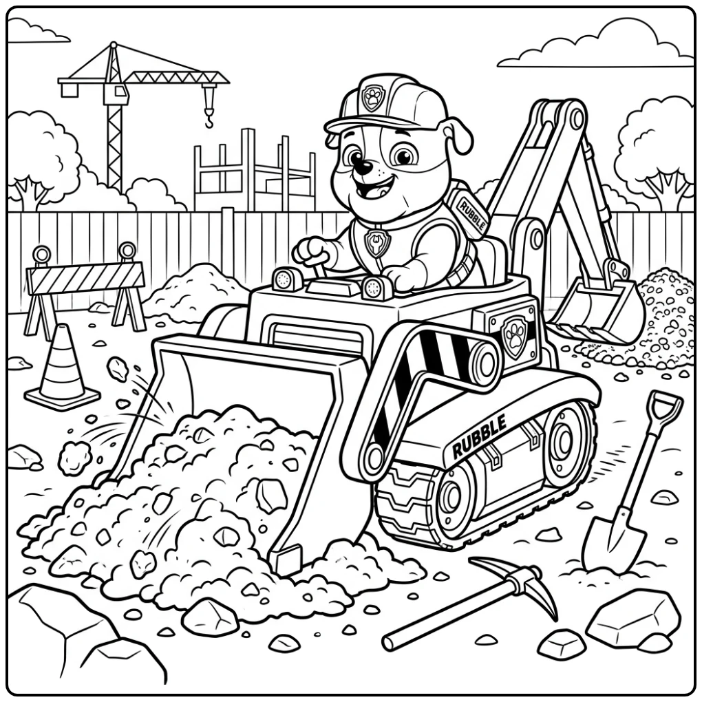 Kleurplaat Paw Patrol Rubble: Rubble graaft blij met zijn bulldozer.