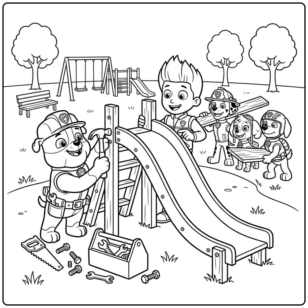 kleurplaat paw patrol rubble: Rubble bouwt trots een glijbaan voor de speeltuin.