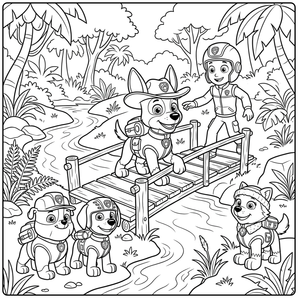 kleurplaat paw patrol tracker: Tracker op junglebrug met vrienden