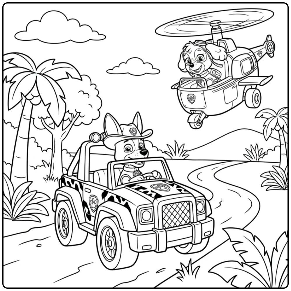 kleurplaat paw patrol tracker: Tracker en Skye in de jungle