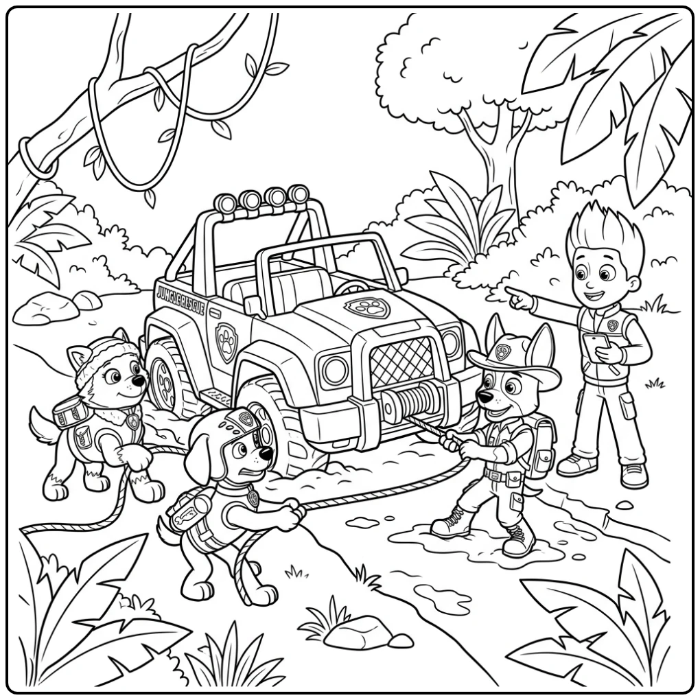 kleurplaat paw patrol tracker: Tracker, Everest en Zuma redden junglejeep.