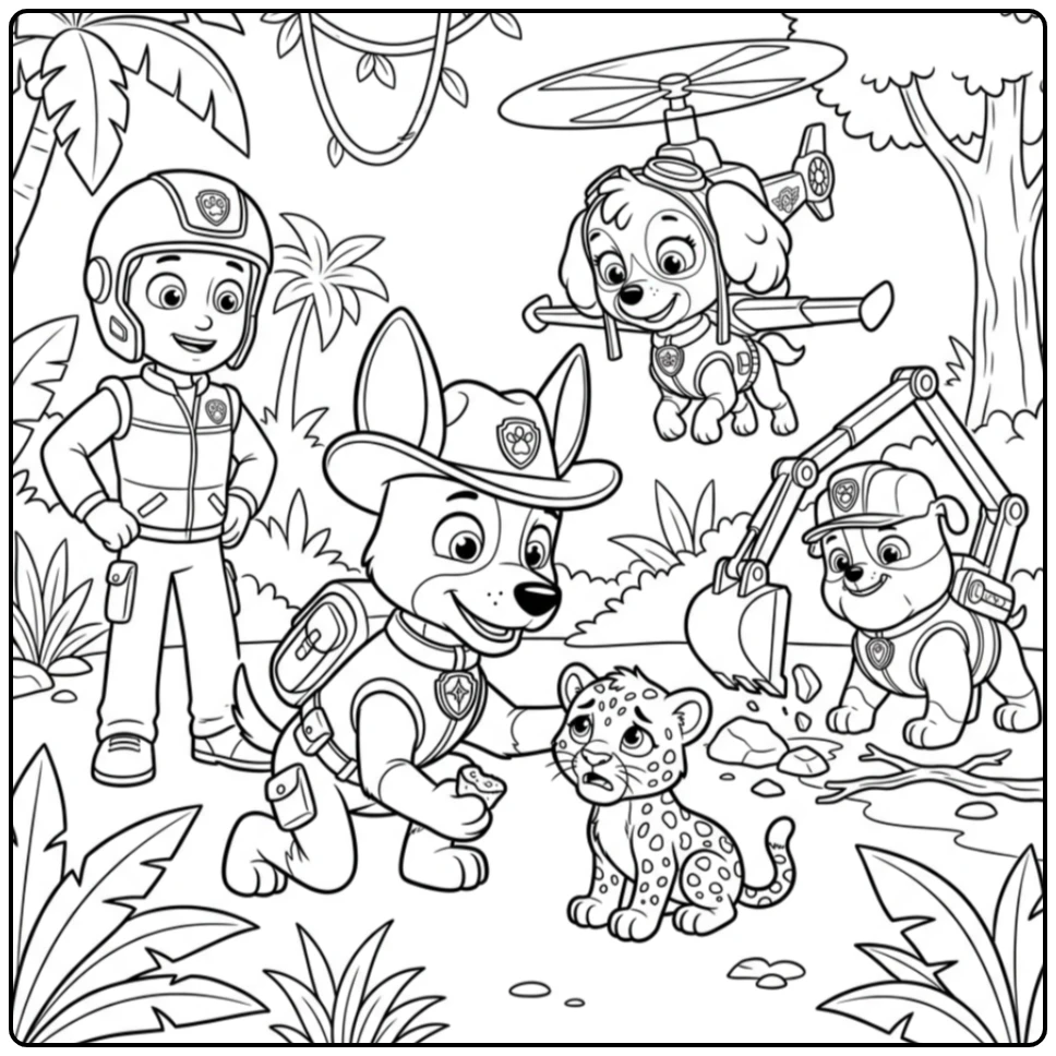 Tracker redt jaguar, kleurplaat paw patrol tracker met Skye, Rubble