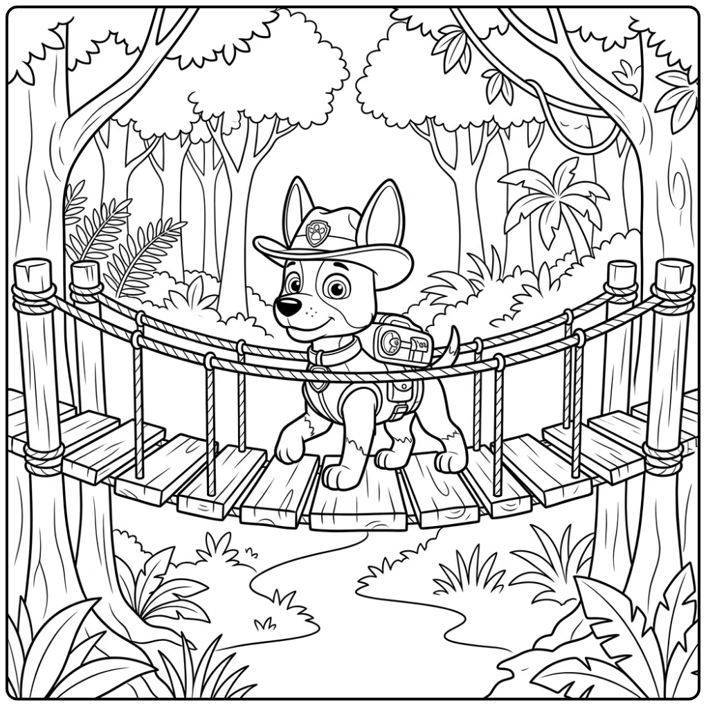 Tracker steekt avontuurlijk junglebrug over, kleurplaat paw patrol tracker