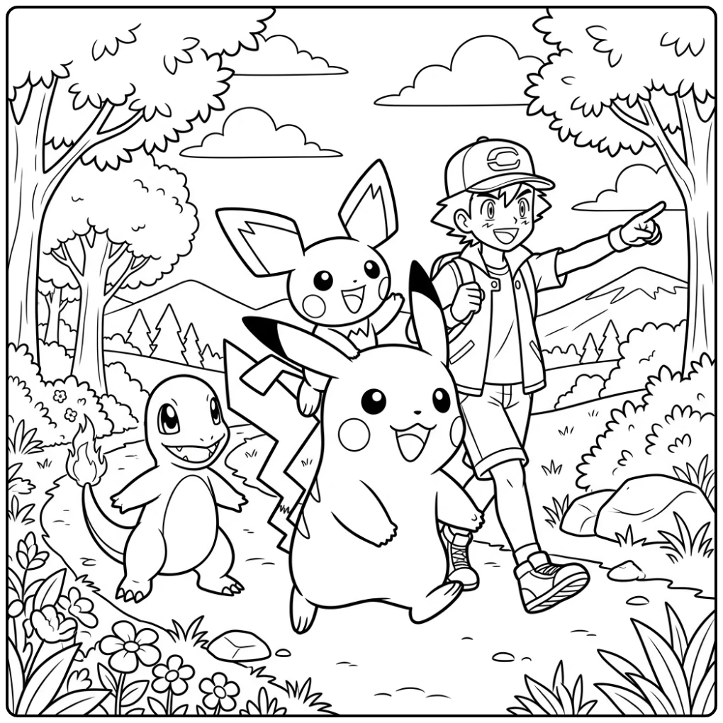 Leuke kleurplaat pichu op de rug van Pikachu met Ash.