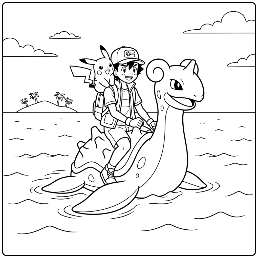 kleurplaat pokemon ash met Ash op Lapras en Pikachu op zijn schouder