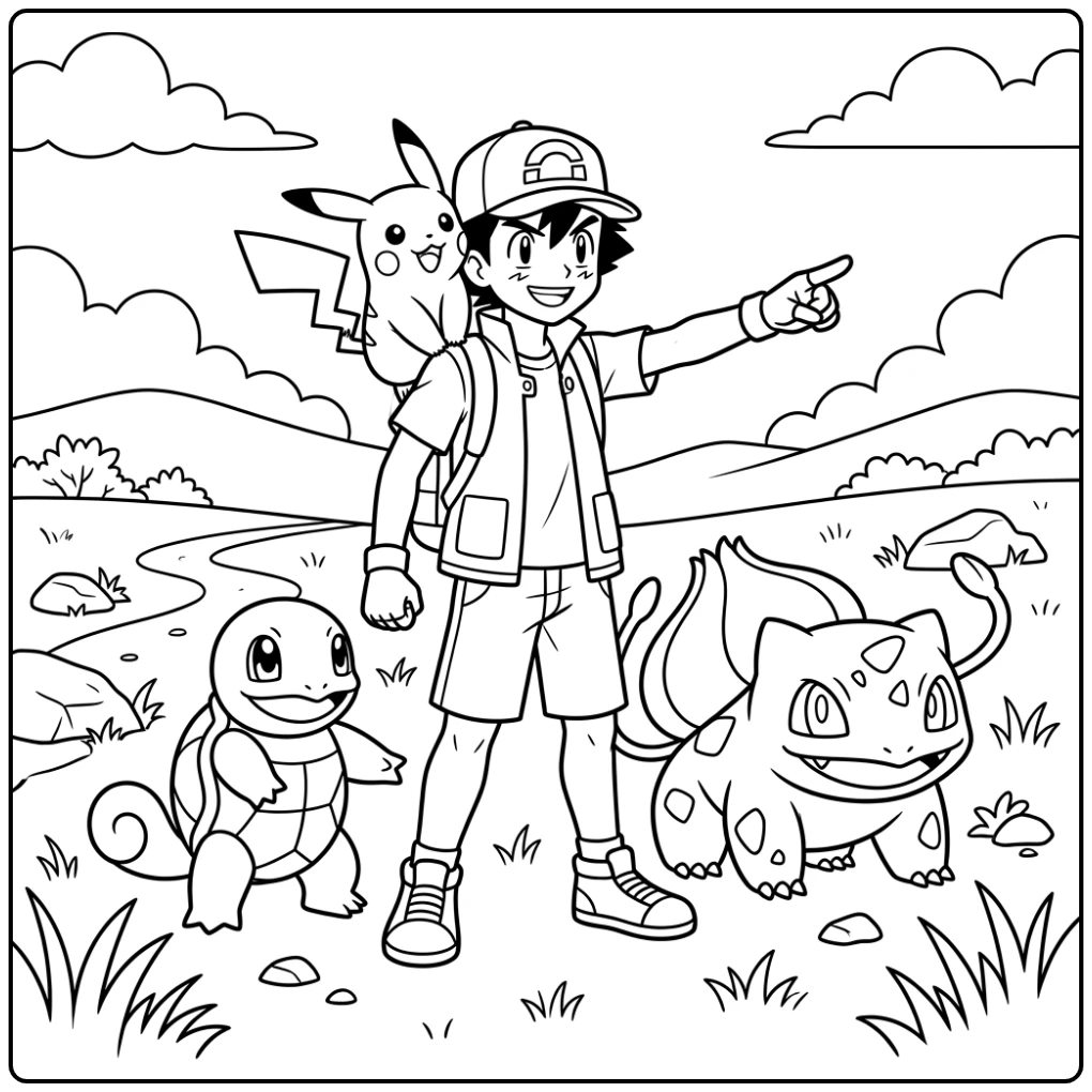 Dynamische kleurplaat pokemon ash: Ash, Pikachu, Bulbasaur, Squirtle in veld