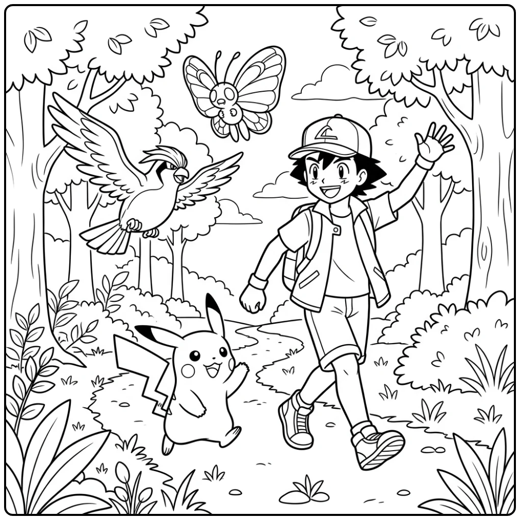 Vrolijke kleurplaat pokemon ash van Ash en Pikachu in het bos