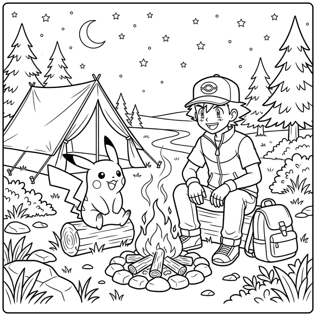Kleurplaat Pokemon Ash en Pikachu kamperen bij het vuur onder sterren.