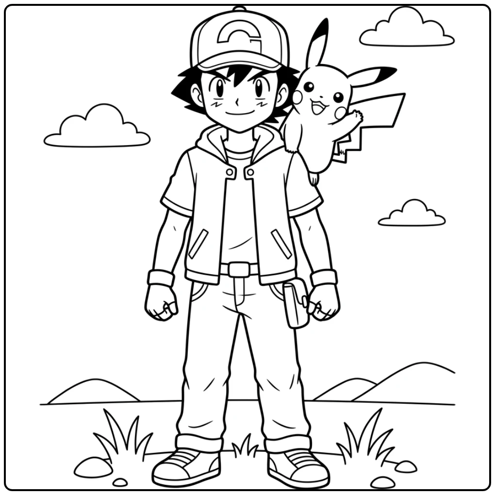 kleurplaat pokemon ash: Ash en Pikachu klaar voor een nieuw avontuur