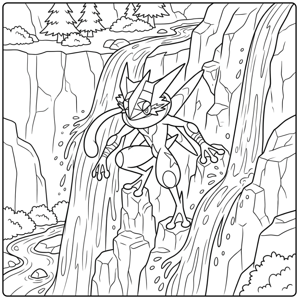 Mega Greninja beklimt een waterval: kleurplaat pokemon mega greninja