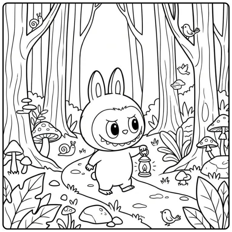 Een leuke labubu kleurplaat wandelend op een bospad.