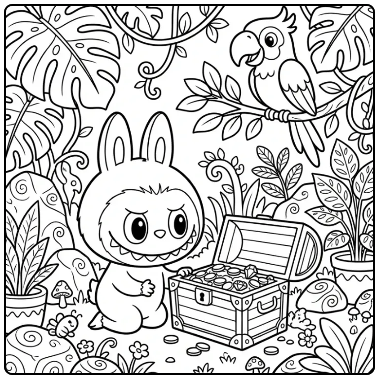 Labubu kleurplaat met schatkist en papegaai in de jungle.