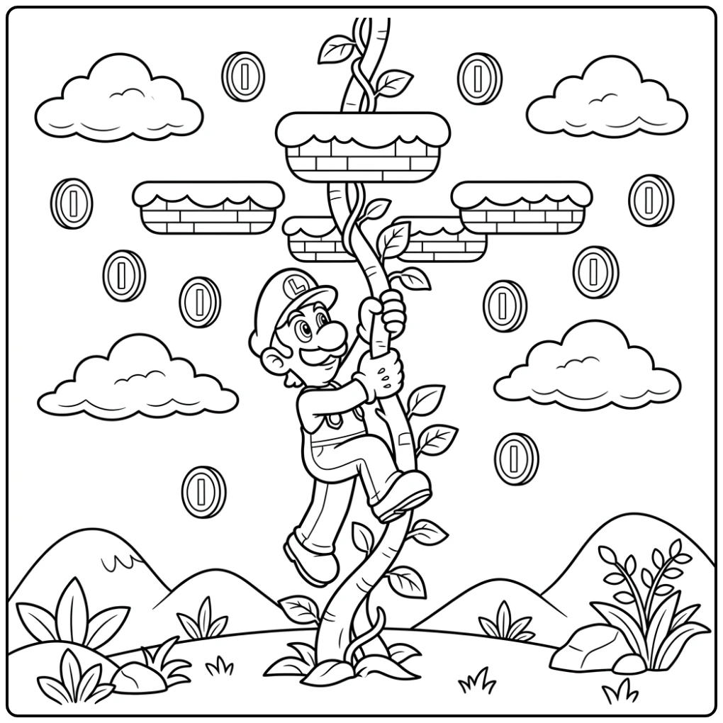 Luigi kleurplaat: klimt aan een liaan naar zwevende platforms en munten.
