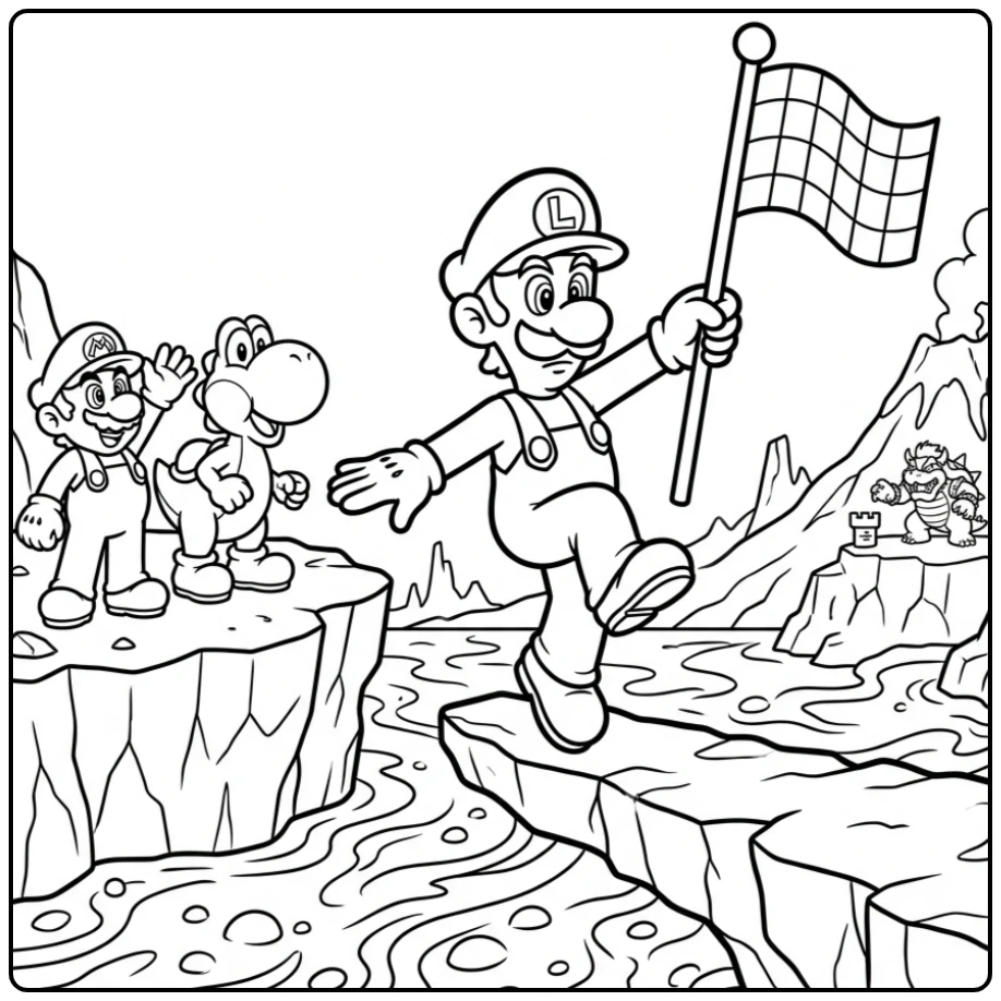 Luigi kleurplaat: Luigi balanceert moedig boven lava met een vlag