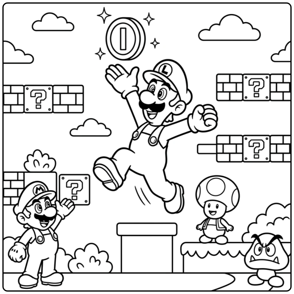 Luigi springt voor een munt, een actieve luigi kleurplaat voor iedereen.