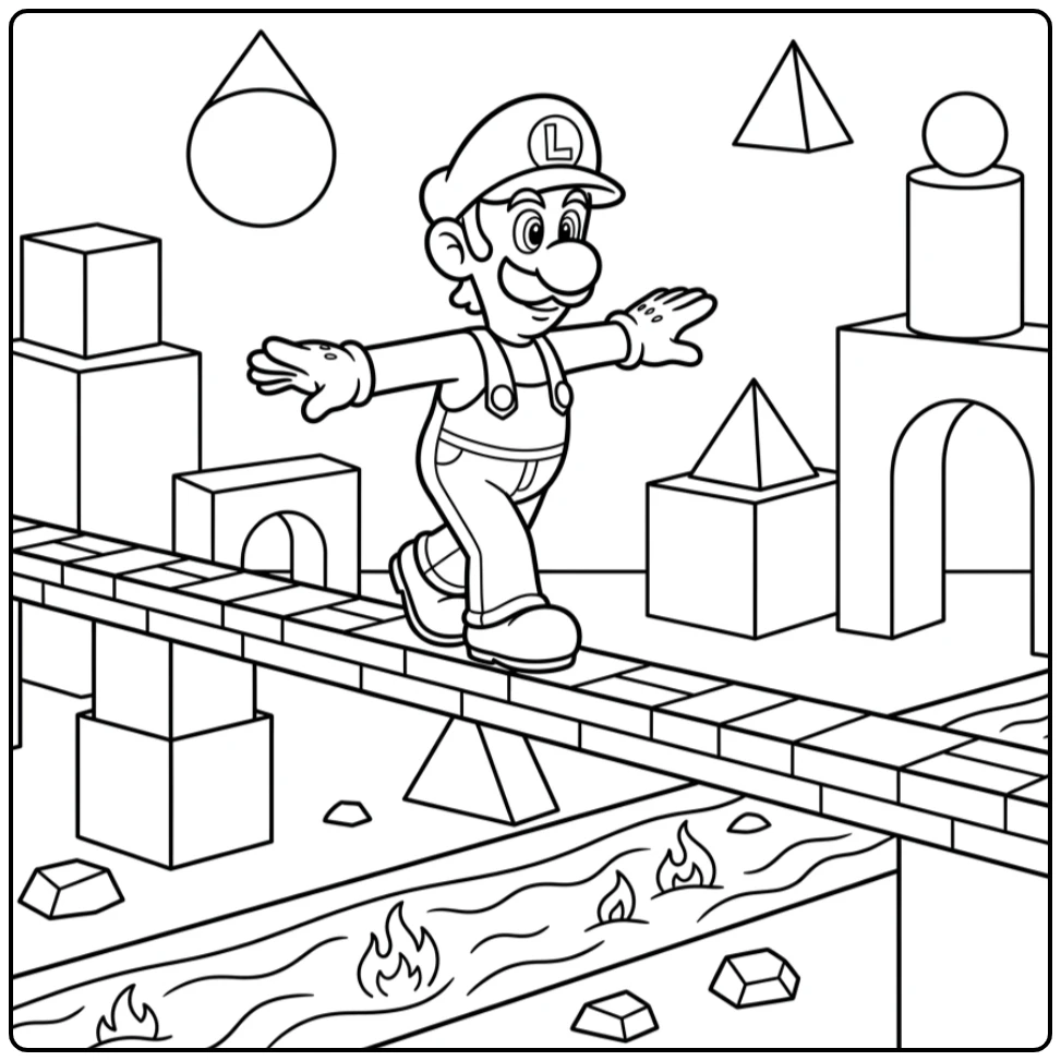 Luigi balans op smal platform boven lava, een uitdagende luigi kleurplaat.